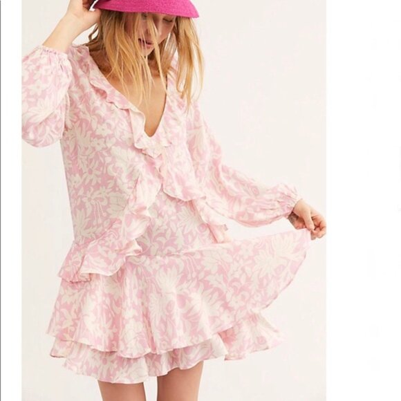 Free People Dresses & Skirts - Free People Dress Rebecca Bubblegum Pink White Ruffle Long Sleeve Boho Small